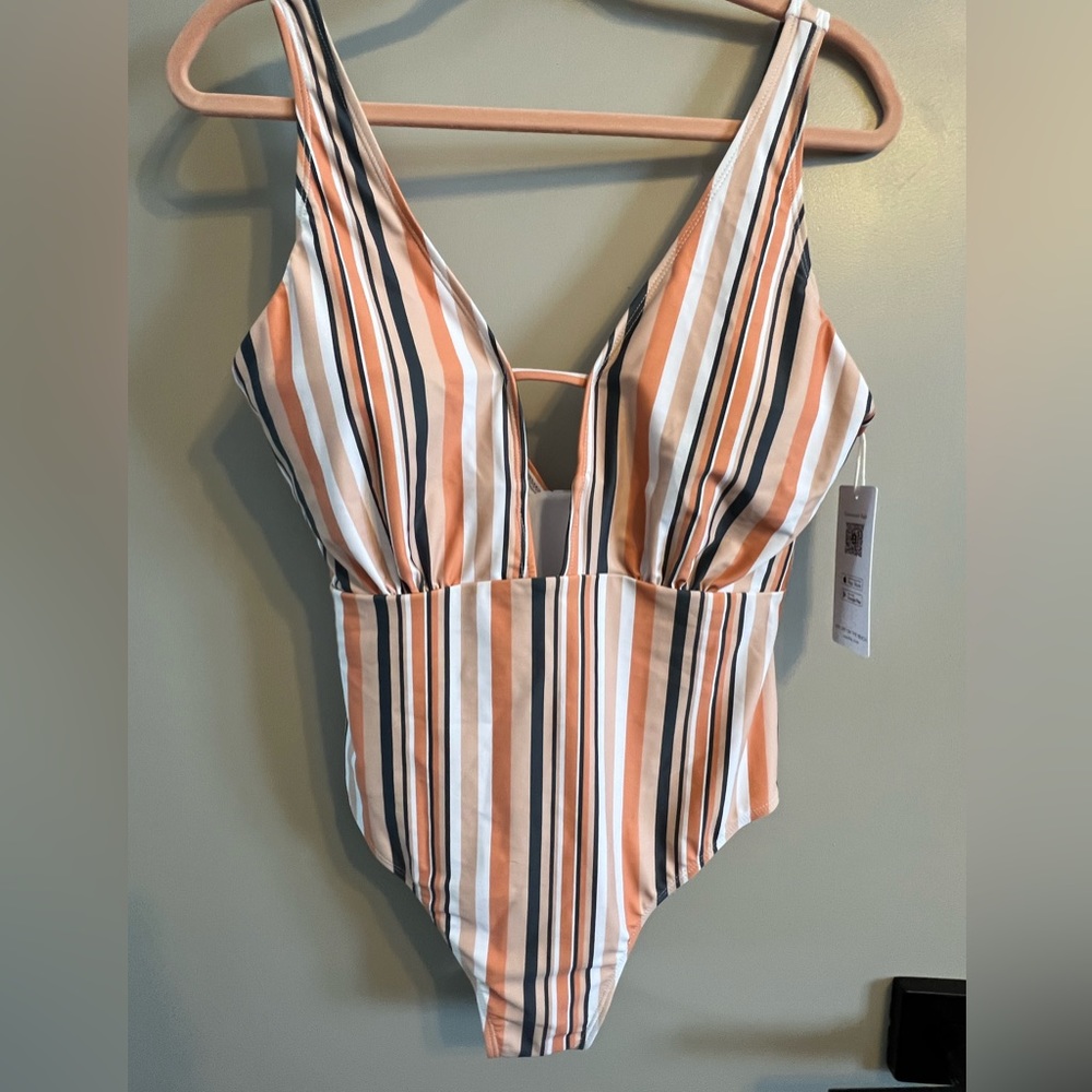 NWT Cupshe Coral Orange White Navy Stripe One Piece Deep V Women Cheeky Swimsuit